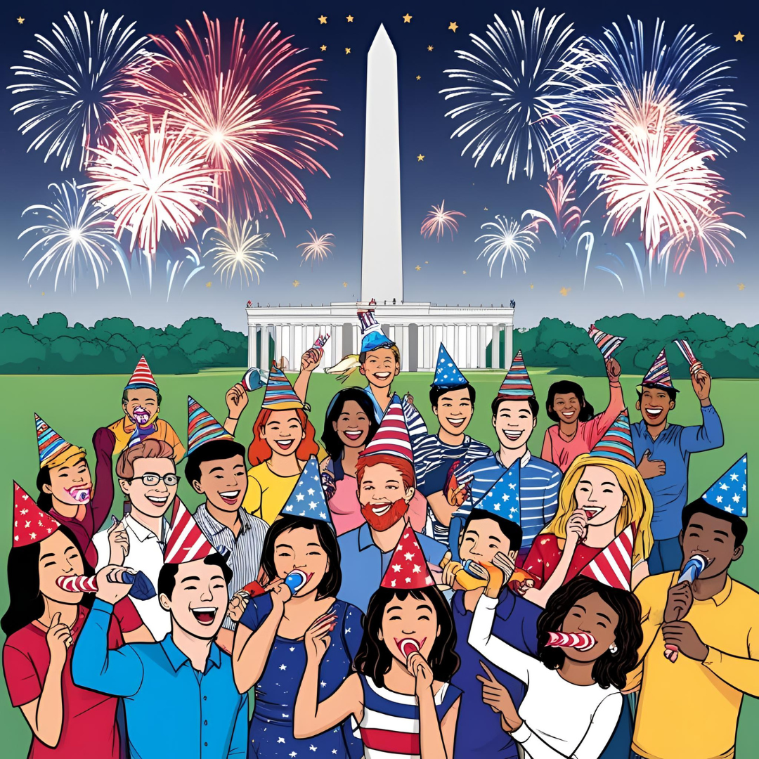 Cartoon Image of People Celebrating 4t-bf15663 A group of people standing in front of the washington monument.
